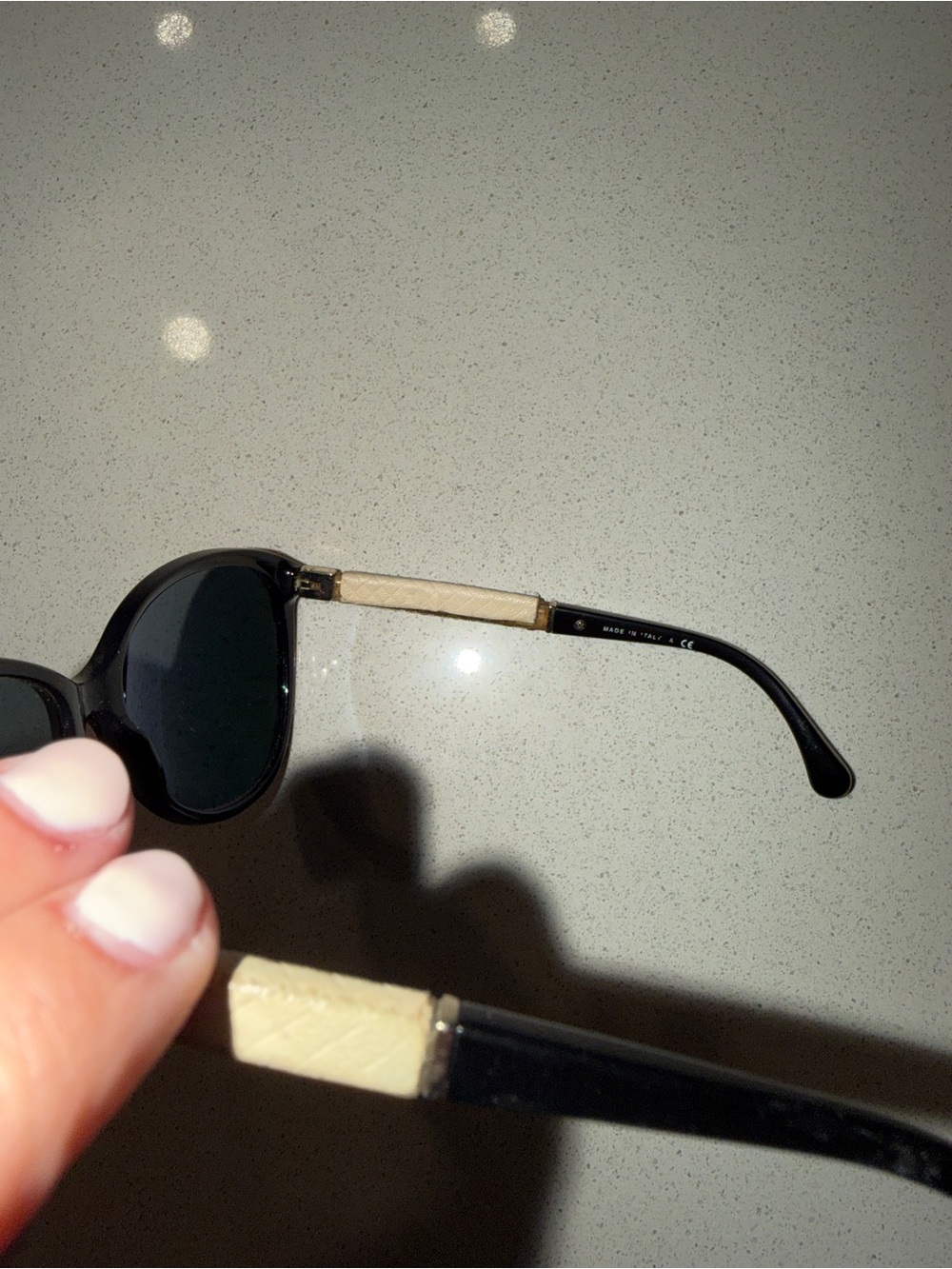 CHANEL Black Frame Sunglasses with Beige Textured Temples - Picture 11 of 11